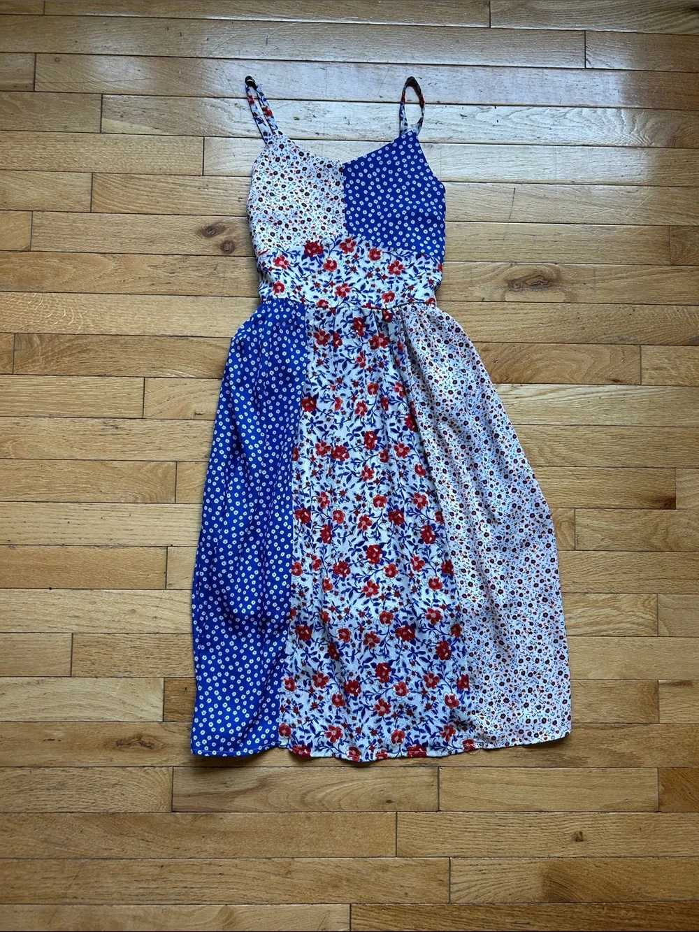 Speechless Mixed Floral & Dot Spaghetti Strap Dress — Blue, White, Red